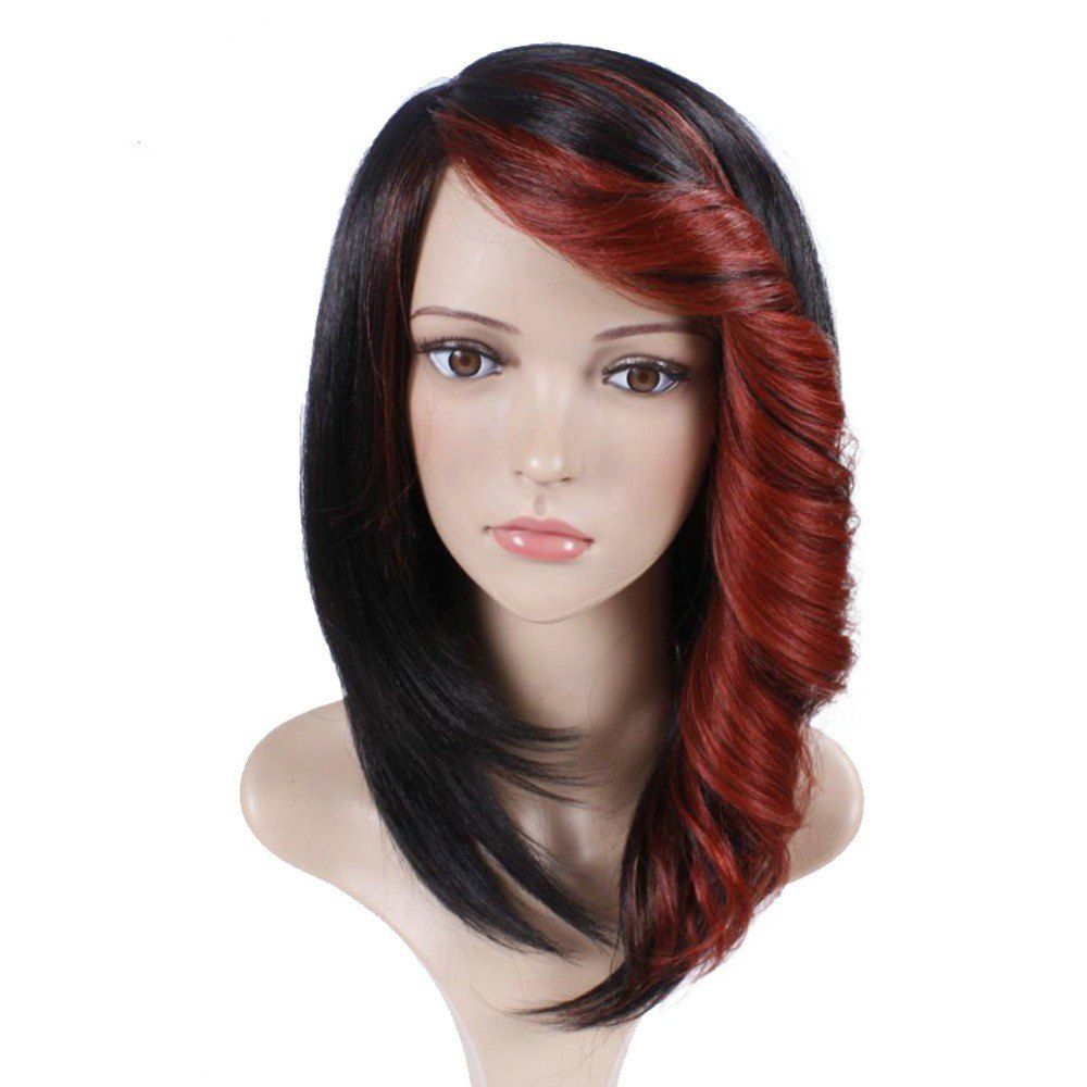 

Short Straight Synthetic Wig For Women Ombre Black to Red Hair With Curly Bang, Cranberry