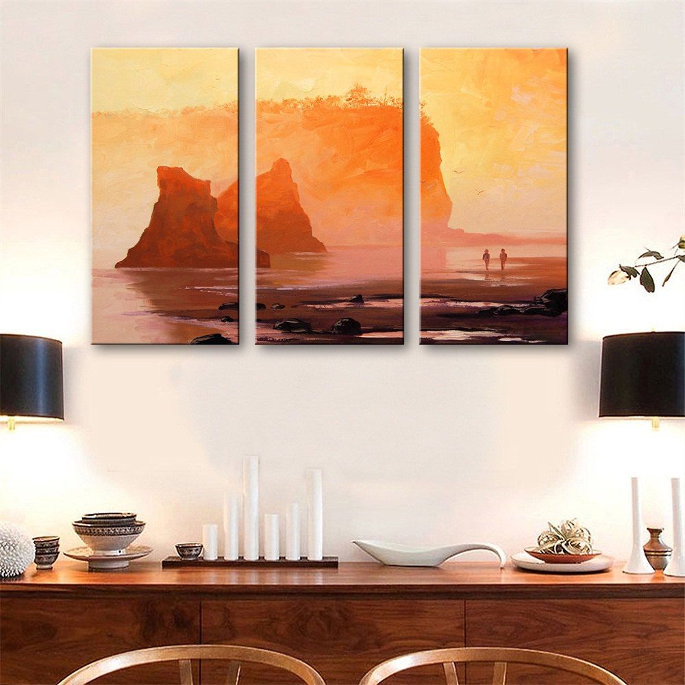 

Special Design Frameless Paintings Walk By The Sea Print 3PCS, Dark orange