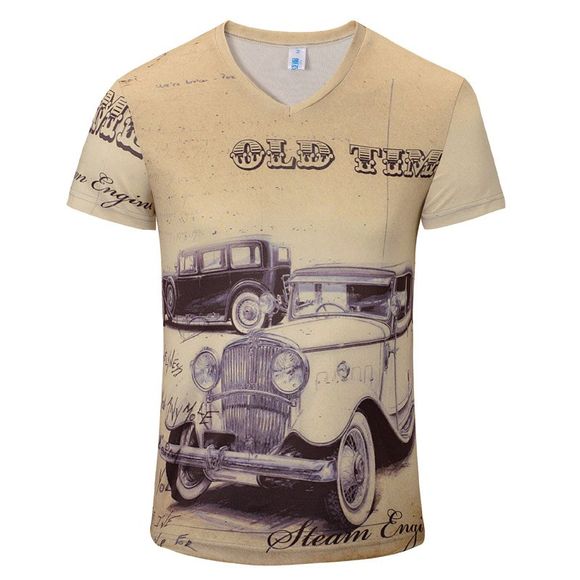 Nouveau T-shirt à col en V de la mode classique de la voiture classique impression 3D hommes - Beige L