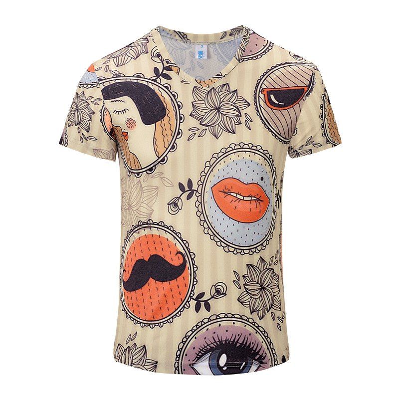 

New Casual Fashion Features 3D Printed Men's V-Collar T-shirt, Beige