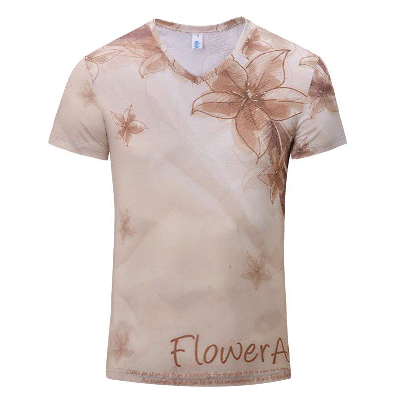 

New Fashion Five-Leaf Flower 3D Print Men's V-Collar Short Sleeve T-shirt, Beige