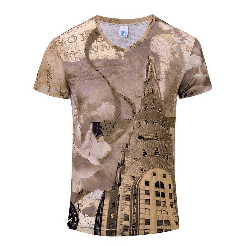 

Stylish New Luxury Tower 3D Print Men's V-Collar T-shirt, Khaki rose