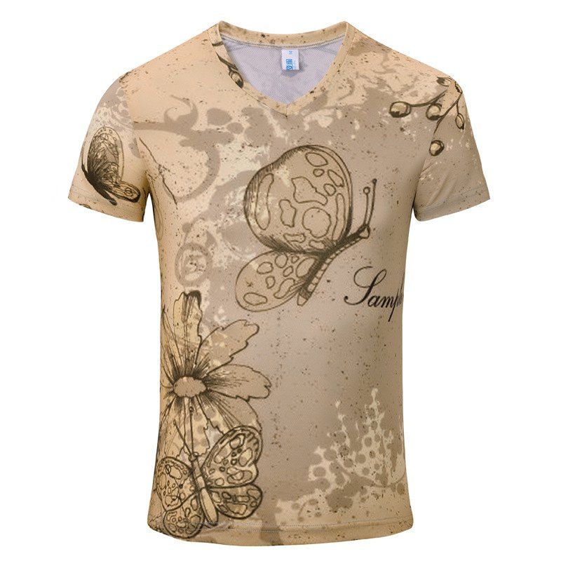 

Summer New Fashion Iris 3D Print Men's V-Collar T-shirt, Beige