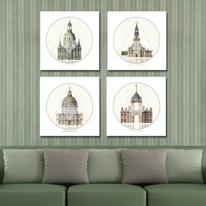 

41XDZS - 5-6-7-8 4PCS European Architecture Castle Print Art, Multi