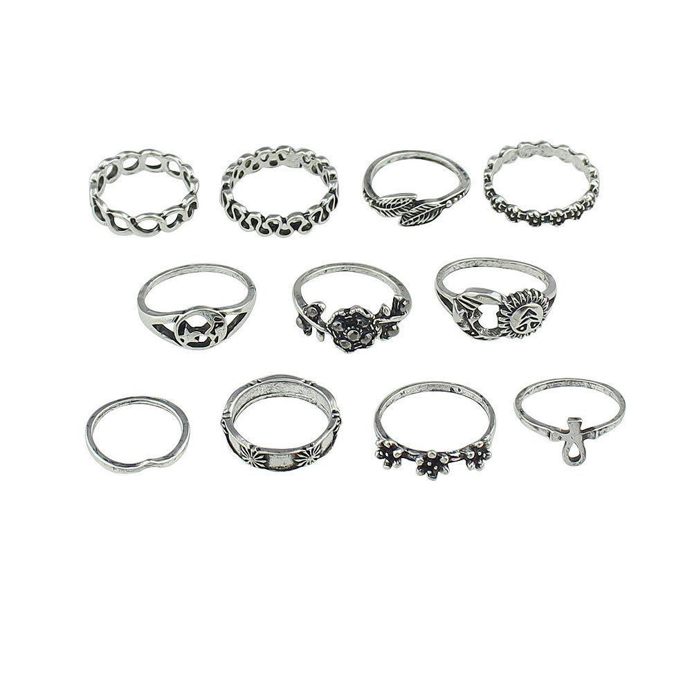

11pcs Flower Leaf Sun Shape Jewelry Ring, Silver