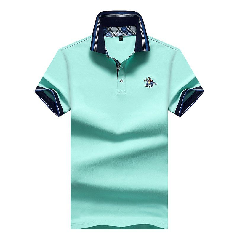 

Men Business Turn Down Collar Short Sleeve Top Polo Shirt, Blue green