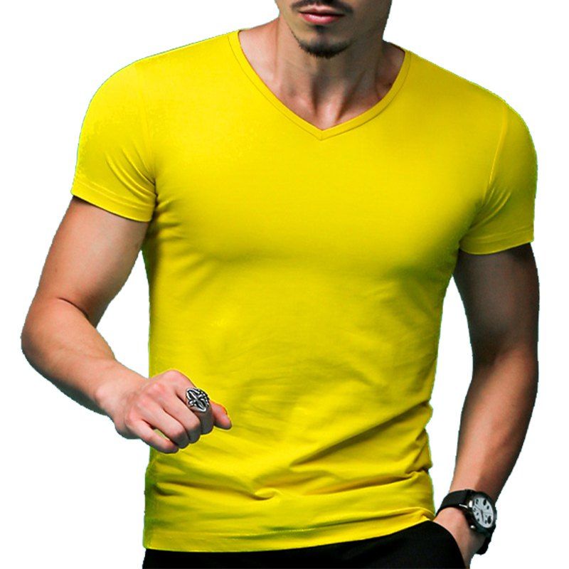 

Solid Color Sports V-neck Short-sleeved T-shirt, Yellow
