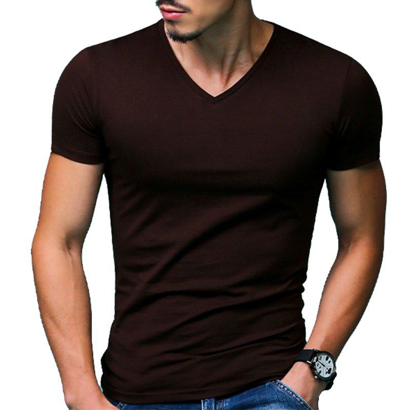 

Solid Color Sports V-neck Short-sleeved T-shirt, Coffee