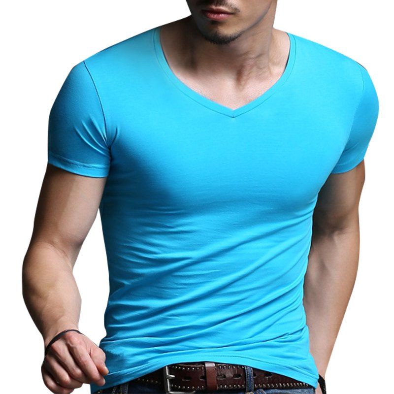 

Solid Color Sports V-neck Short-sleeved T-shirt, Denim blue
