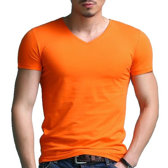 T-shirt à manches courtes à col en V de Solid Color Sports - Orange 3XL