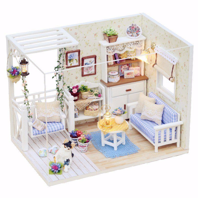 

1/24 Dollhouse Miniature DIY Kit with LED Light Cover Wood Toy Doll House Room, Multi-a