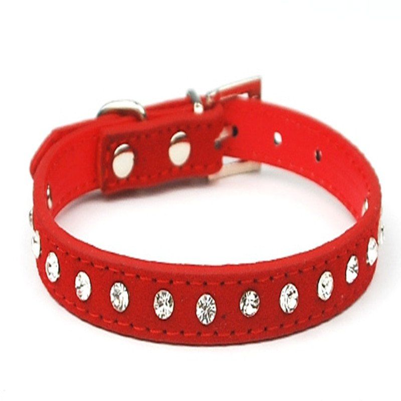 

Dog Puppy Cat Pet Adjustable Collars Diamante Rhinestone Bling PU Leather Band, Red