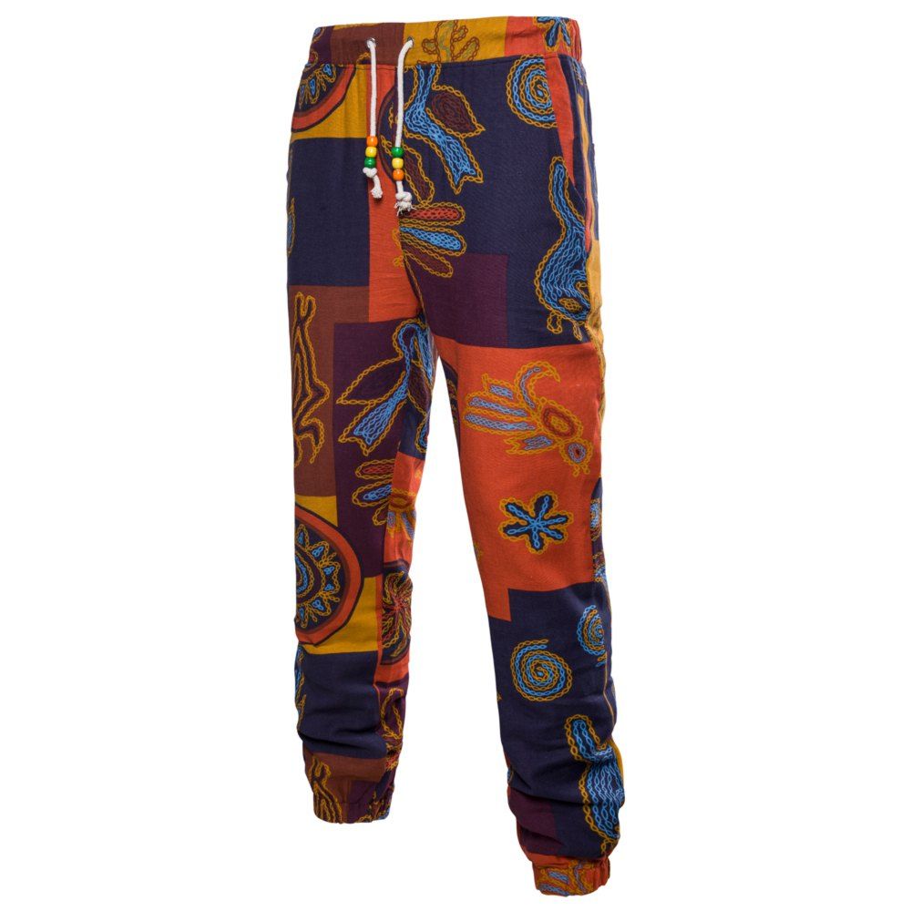 

Men's Spring and Summer Thin Sizes of Folk Wind Linen Print Trousers, Multi-n
