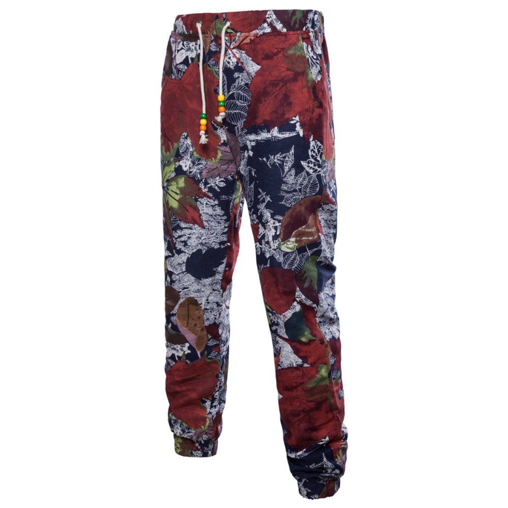 

Men's Spring and Summer Thin Sizes of Folk Wind Linen Print Trousers, Multi-o