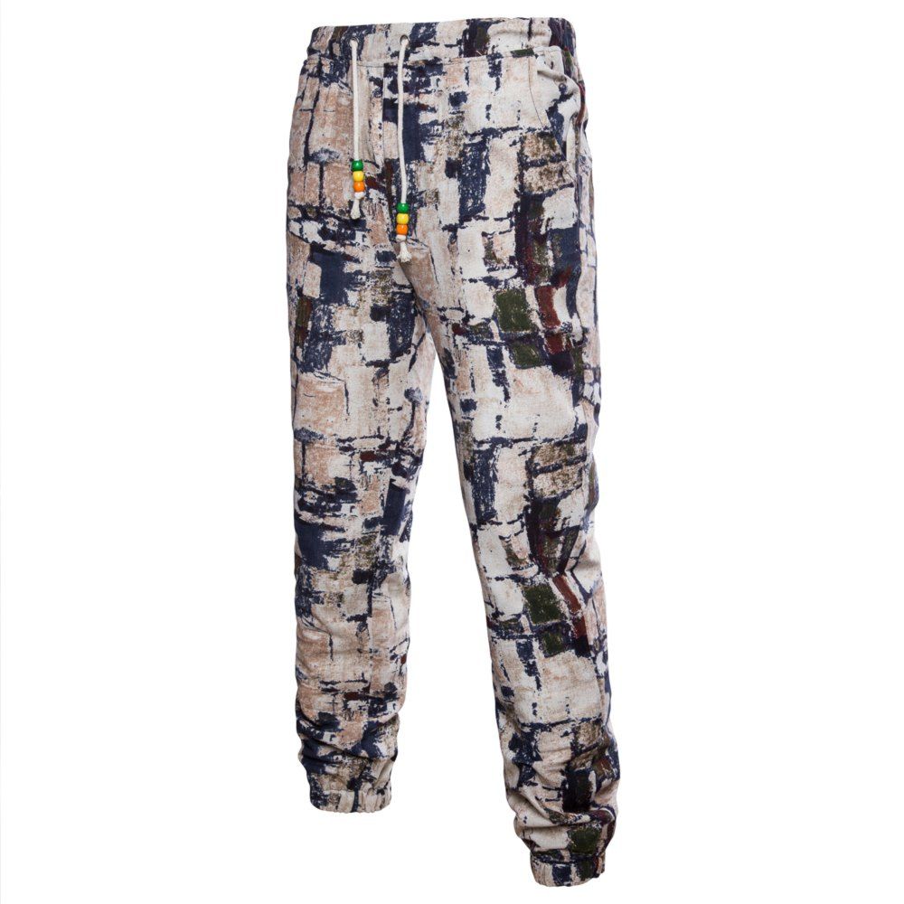 

Men's Large Size Casual National Wind Linen Print Trousers, Multi-k