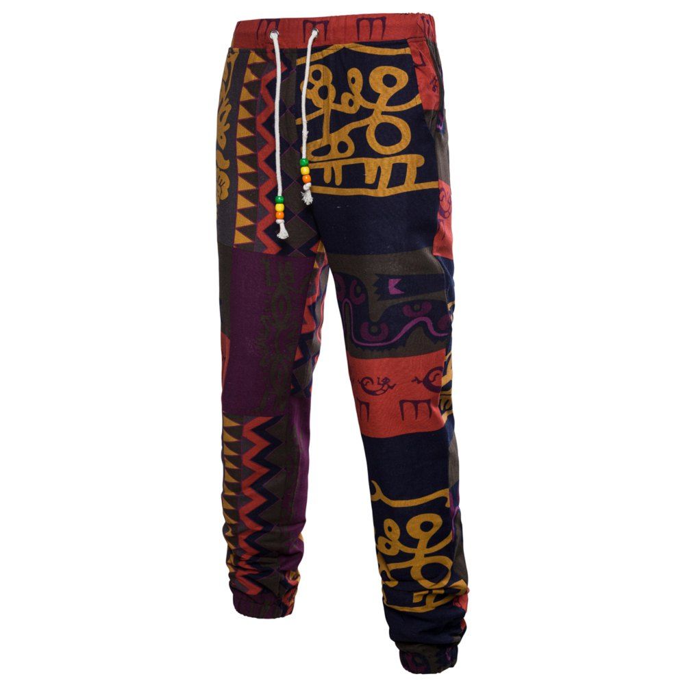 

Men's Large Size Casual National Wind Linen Print Trousers, Multi-l