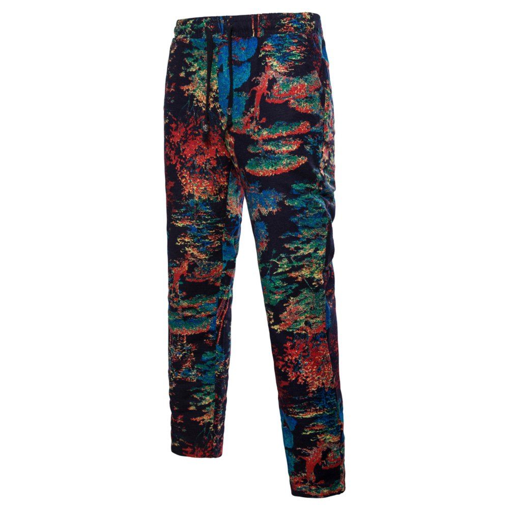 

Men's Large Size Casual National Wind Linen Print Trousers, Multi-t