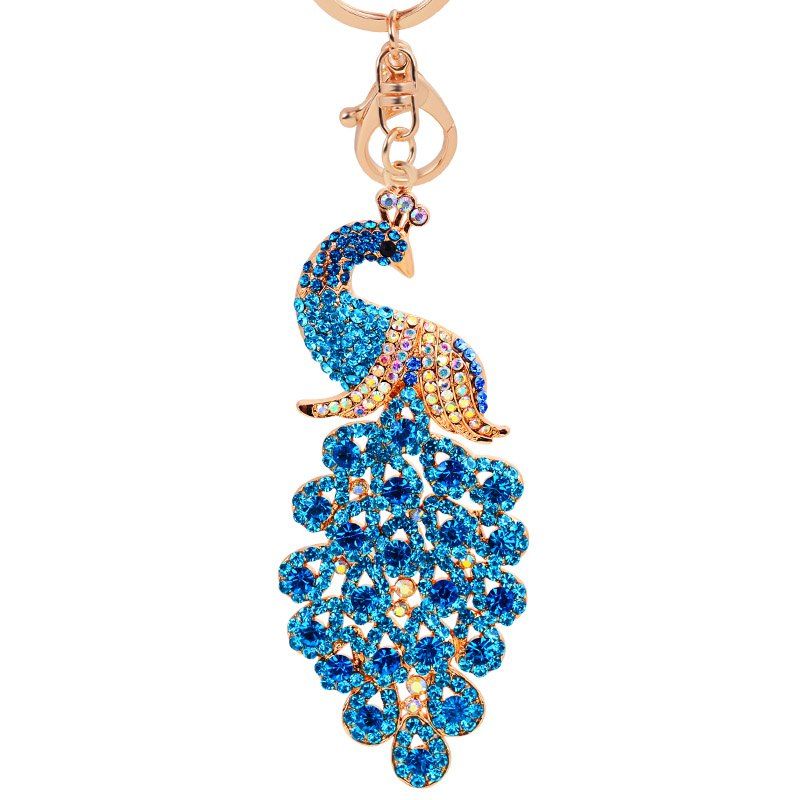 

Peacock Keychain Crystal Handbag Charm for Feather Fans Key Ring, Blue gray
