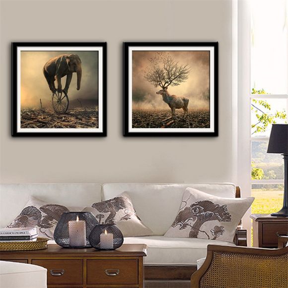 Peintures de cadre de conception spéciale Éléphants et Deer Print 2PCS - Brun Armée 20 X 14 INCH (50CM X 35CM)
