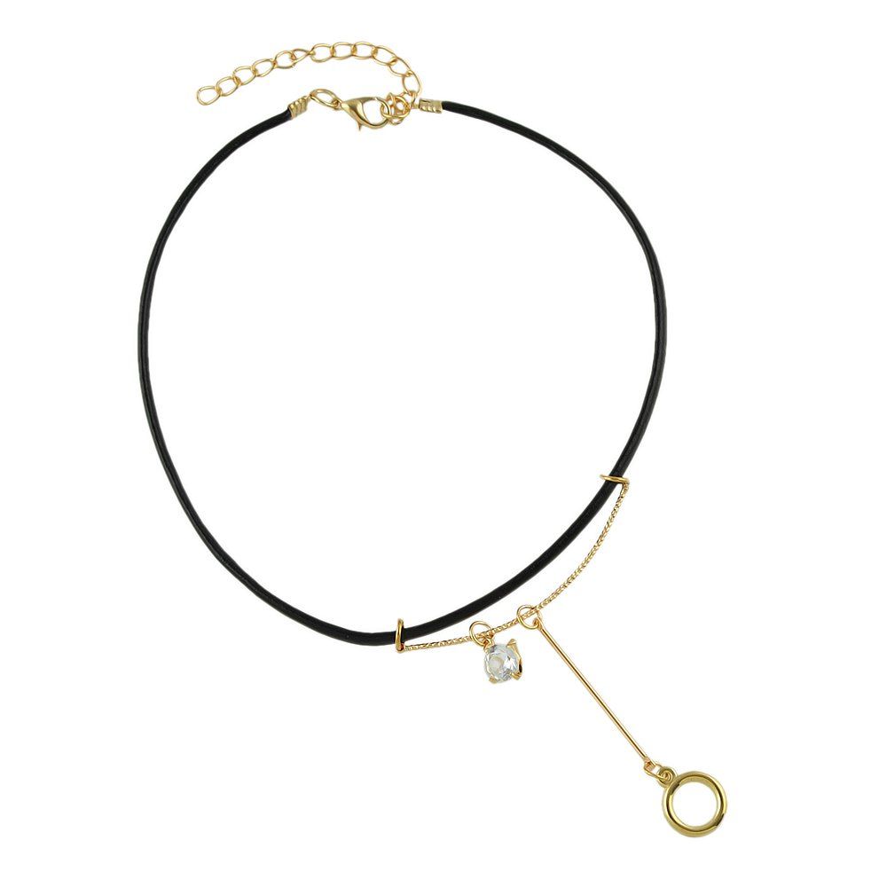 

Black Pu Leather Choker Circle Pendant Necklace, Gold