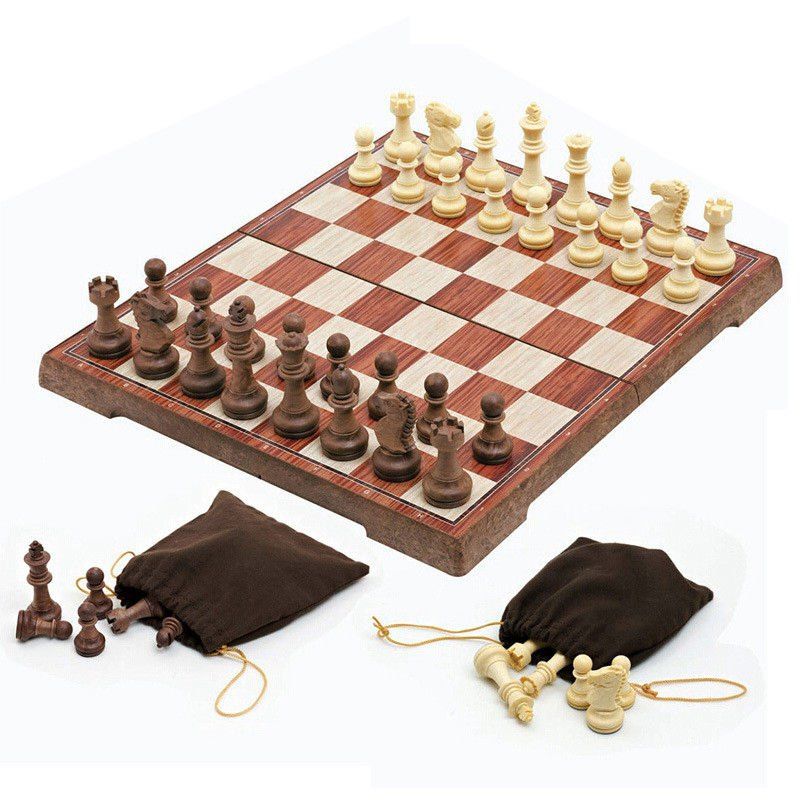 

Contemporary Tournament Magnetic Chess Set with Folding Chess Board Educational Toys, Wood