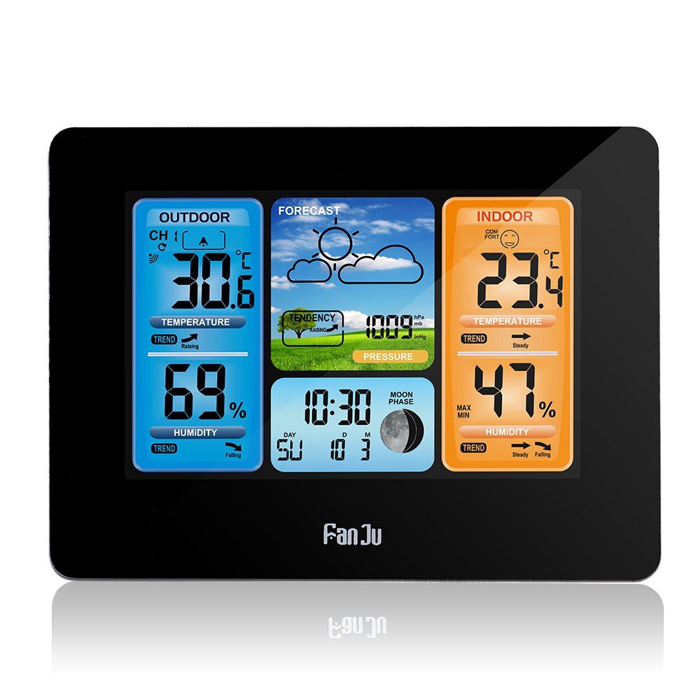 

FanJu FJ3373W Digital Weather Station Alarm Clock with Temperature Humidity, Black
