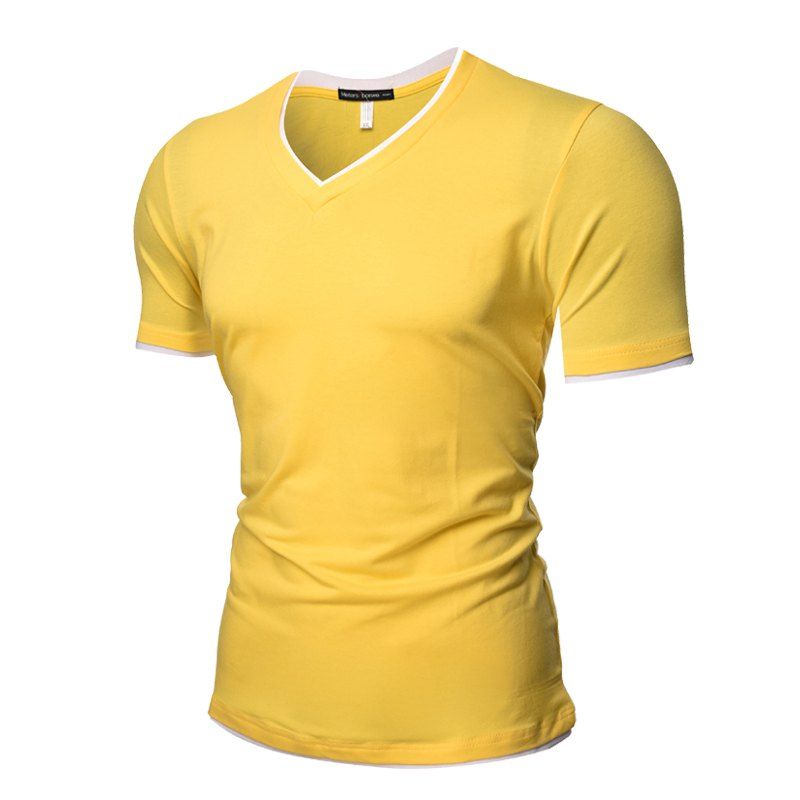 

New Summer V Collar Two Pieces of Pure Color Men's Short Sleeve T-shirts, Yellow