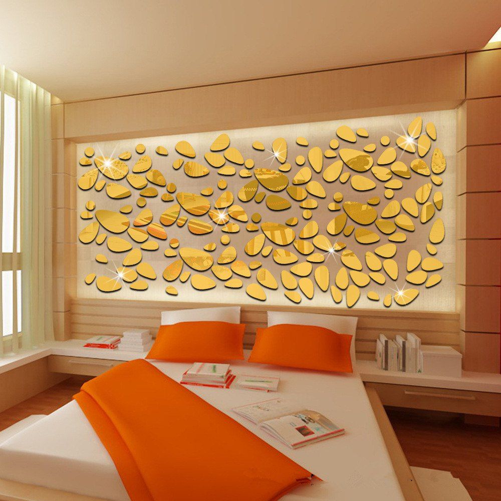 

Oval Cobblestone Shape Specular Wall Sticker Poster Decoration for TV Background, Golden brown