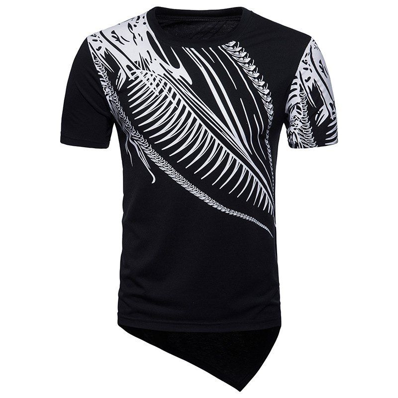

Summer New Men's Irregular Hem Male Short Sleeve Printing T-shirt, Black
