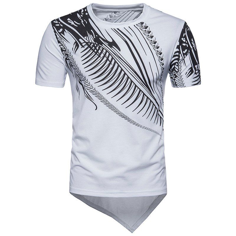 

Summer New Men's Irregular Hem Male Short Sleeve Printing T-shirt, White
