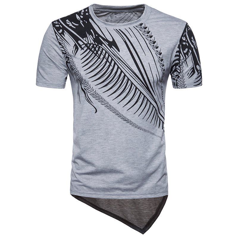 

Summer New Men's Irregular Hem Male Short Sleeve Printing T-shirt, Light gray