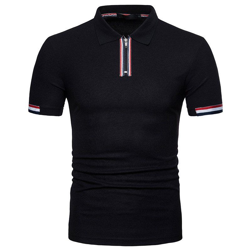

New Summer Zipper Men's Lapel Short Sleeve Polo Shirt, Black