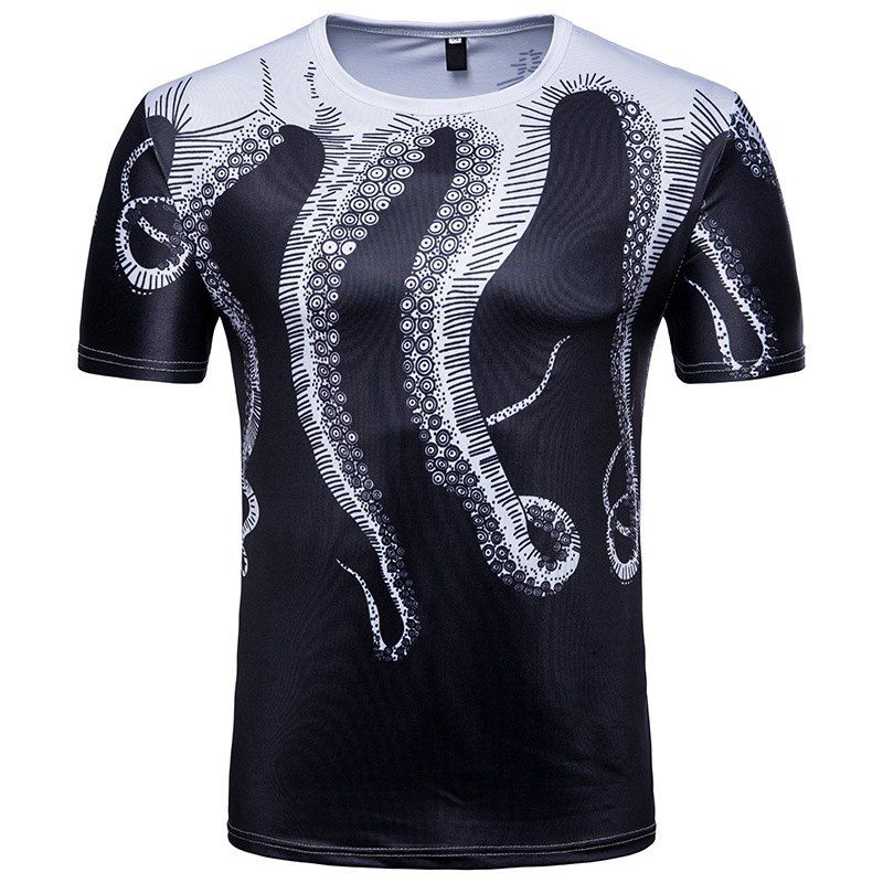 

Summer Octopus Prints Men's Round Collar Short Sleeve T-Shirt, Black