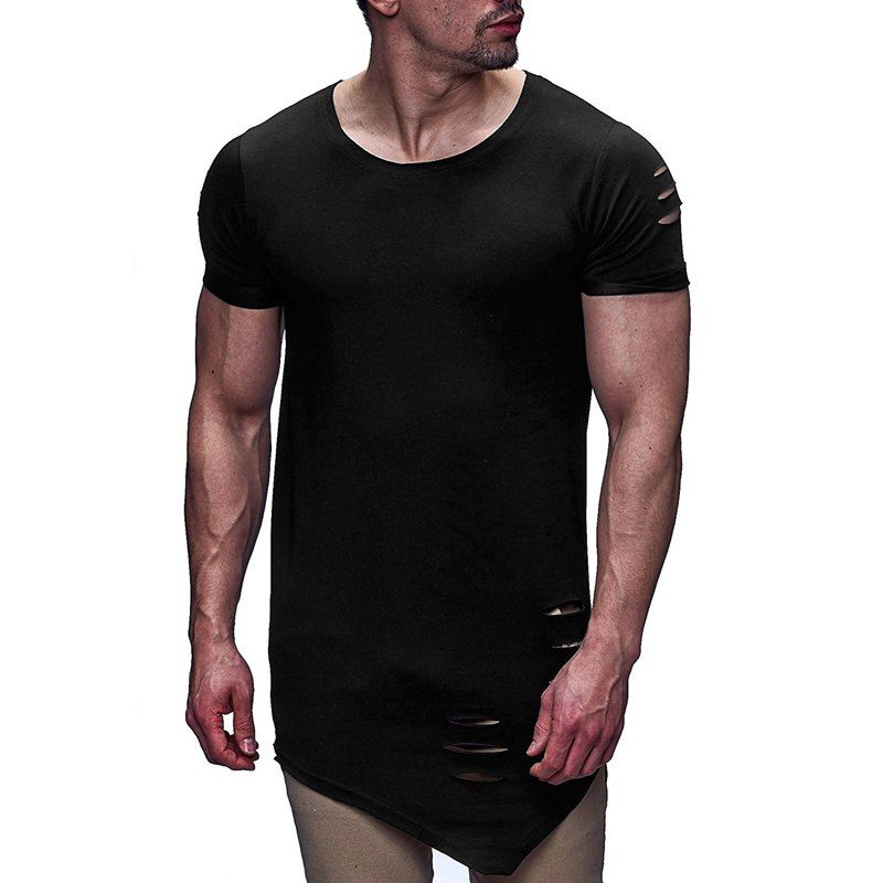 

2018 New Summer Men's Fashion Hole Hem Casual Solid Color Short-sleeved T-shirt, Black