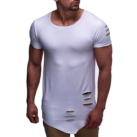 2018 New Summer Hommes Fashion Trou Trou Casual Solide Couleur T-shirt à manches courtes - Blanc L