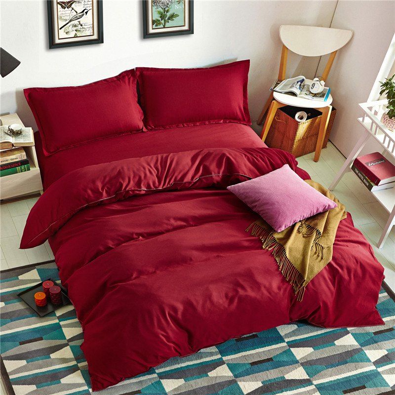 

Simple Pure Color Aloe Cotton Bedding Set 4PCS, Red wine