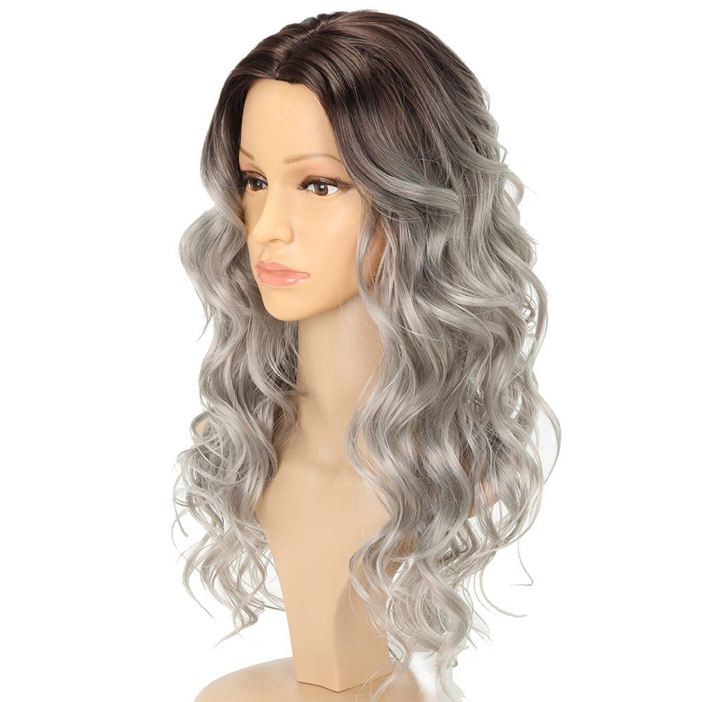 

Bouncy Wavy Silver Gray Black Ombre Fluffy Synthetic Wigs Long Hair for Girls, Platinum