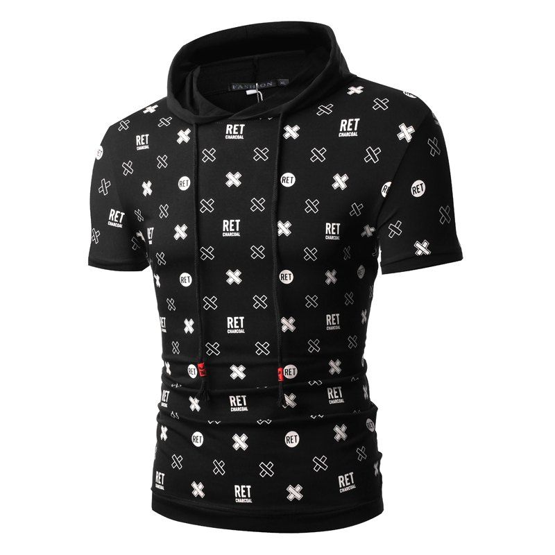 

Fashion Summer Personality Stamp and Cap Man Short Sleeve T-shirt, Black