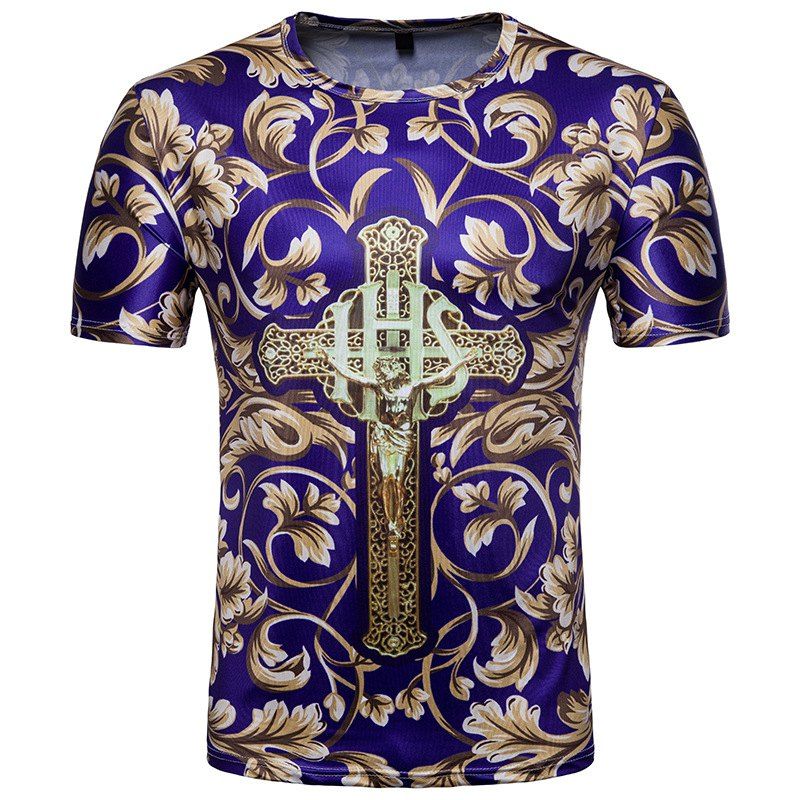 

New Summer Wear Cross Printed Man Casual Short Sleeved T-shirt, Blue