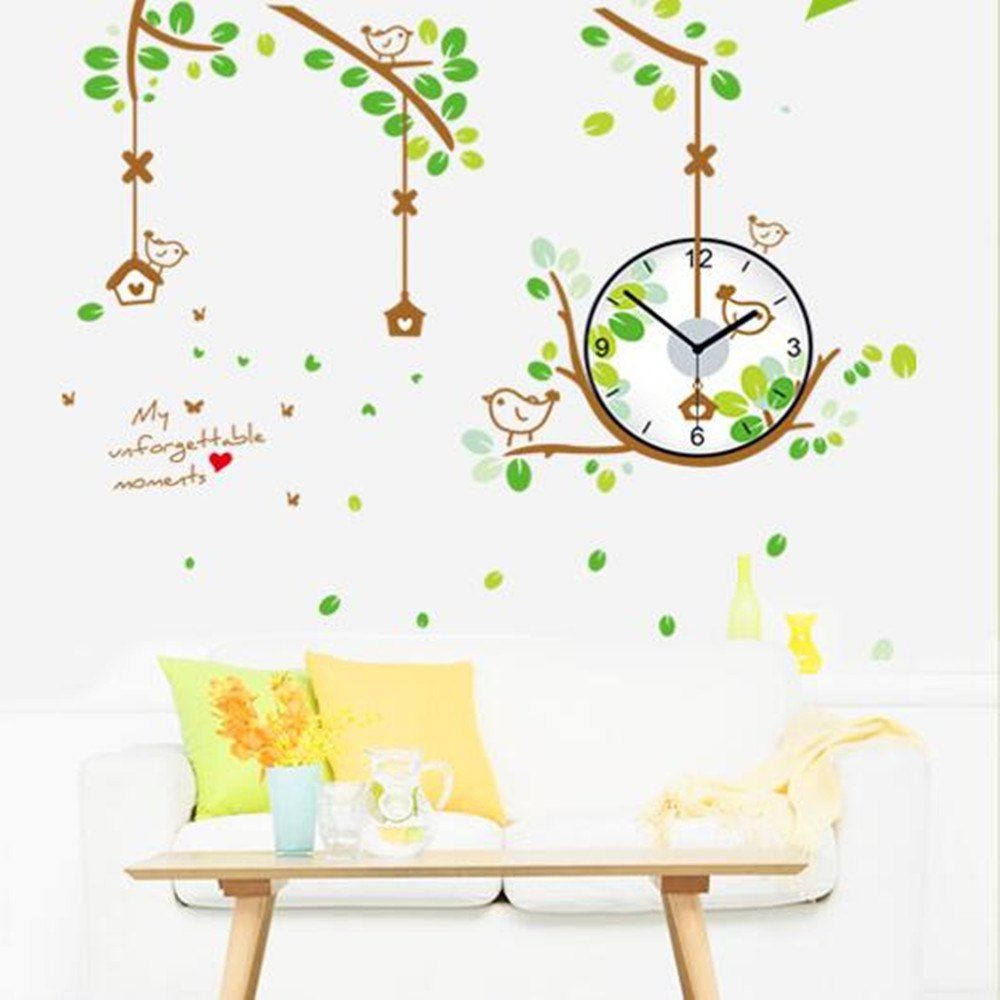 

Bird'S Cage Living Room Background Painting Clocks Green Clock Sticker, Multi-a