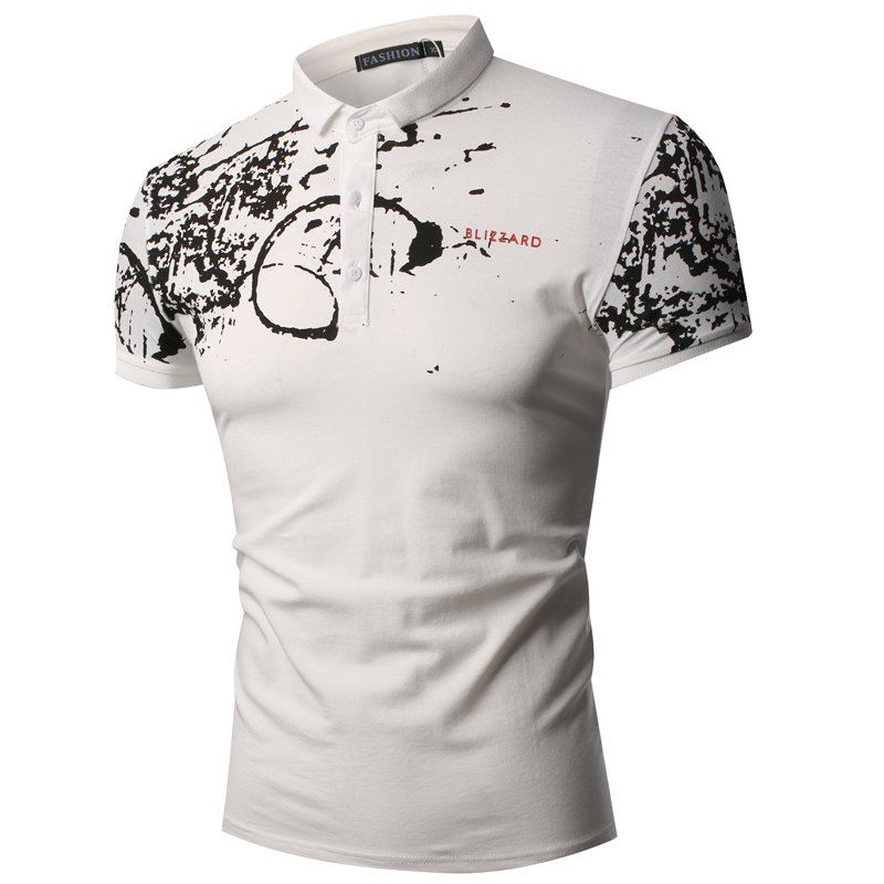 

Summer Fashion New Style Ink Splashing Collar Men Short Sleeve Polo Shirt, White