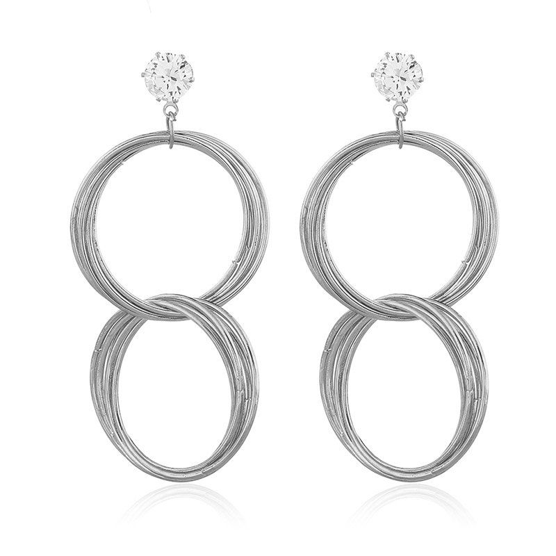 

Long Simple with Geometric Round Metal Earrings, Silver