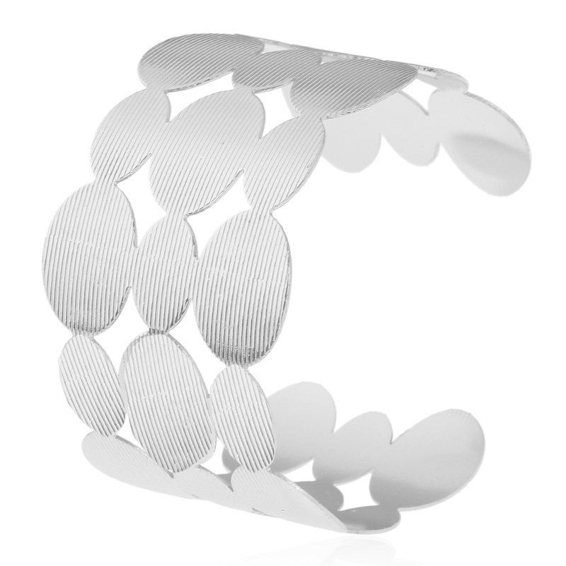 

Big Elliptical Striped Metal Open Bracelet, Silver