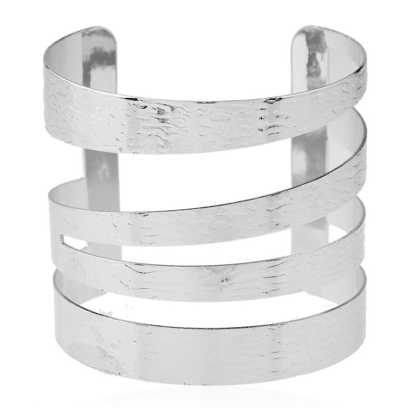 

Metal Hollow Wide Pattern Engraving Open Bracelet, Silver