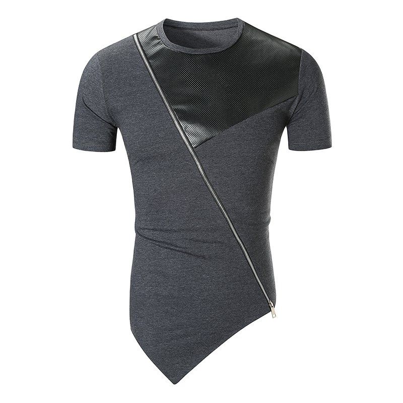 

Irregular Fashion Zipper Solid Color T-Shirt, Dark gray
