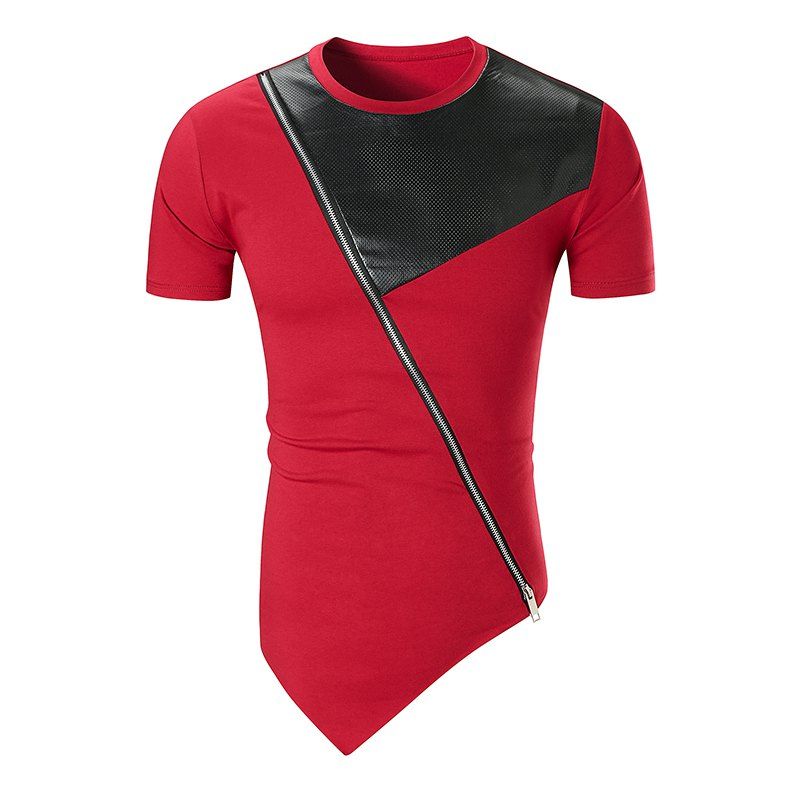 

Irregular Fashion Zipper Solid Color T-Shirt, Red