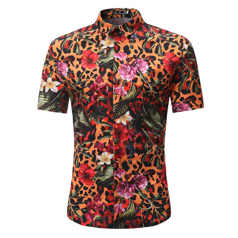 

Men's Casual Short Sleeve Flower Shirt, Multi-x