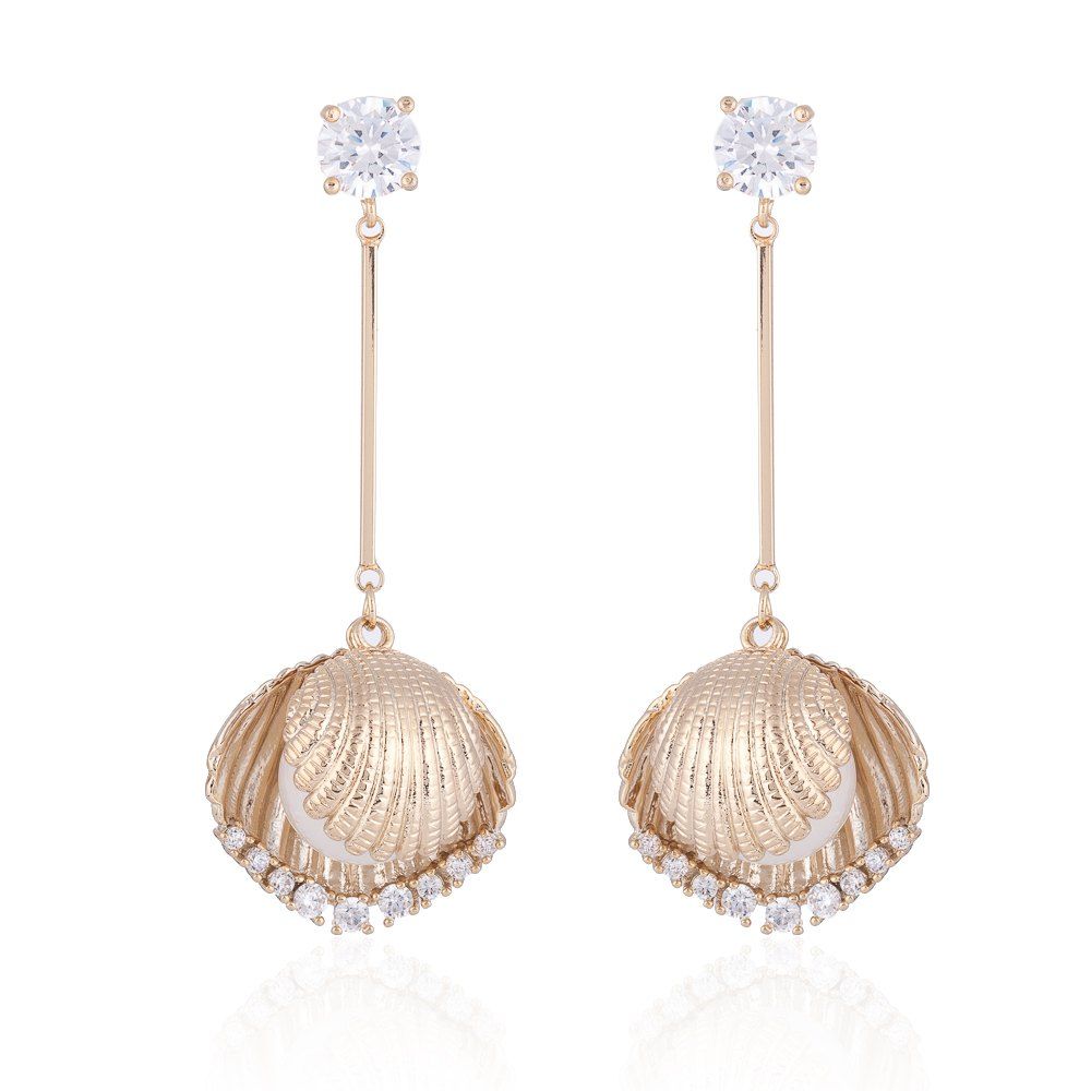 

Long Seashell and Clear Rhinestone Earrings, Golden brown