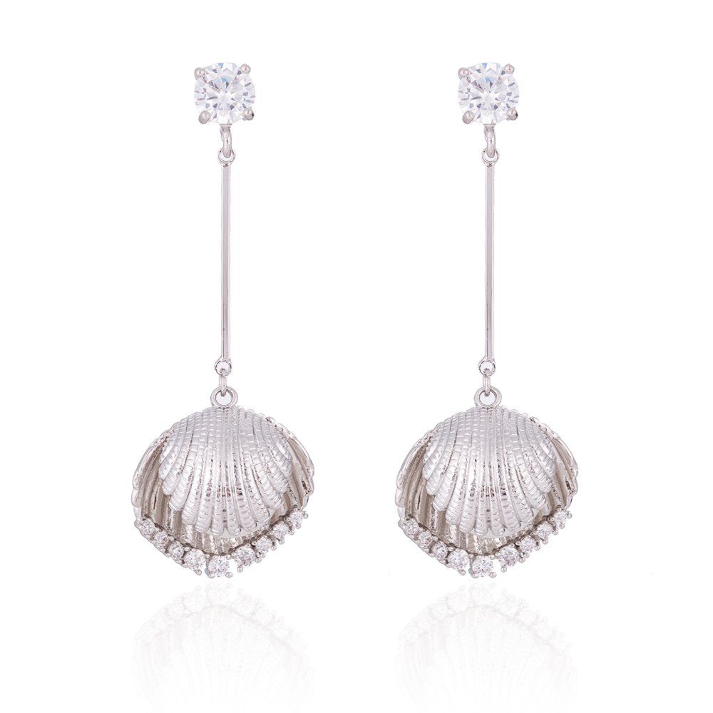 

Long Seashell and Clear Rhinestone Earrings, Silver