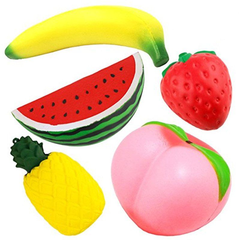 

Slow Rising Jumbo Squishy Peach Banana Watermelon Pineapple Strawberry Fruit Toy 5PCS, Multi